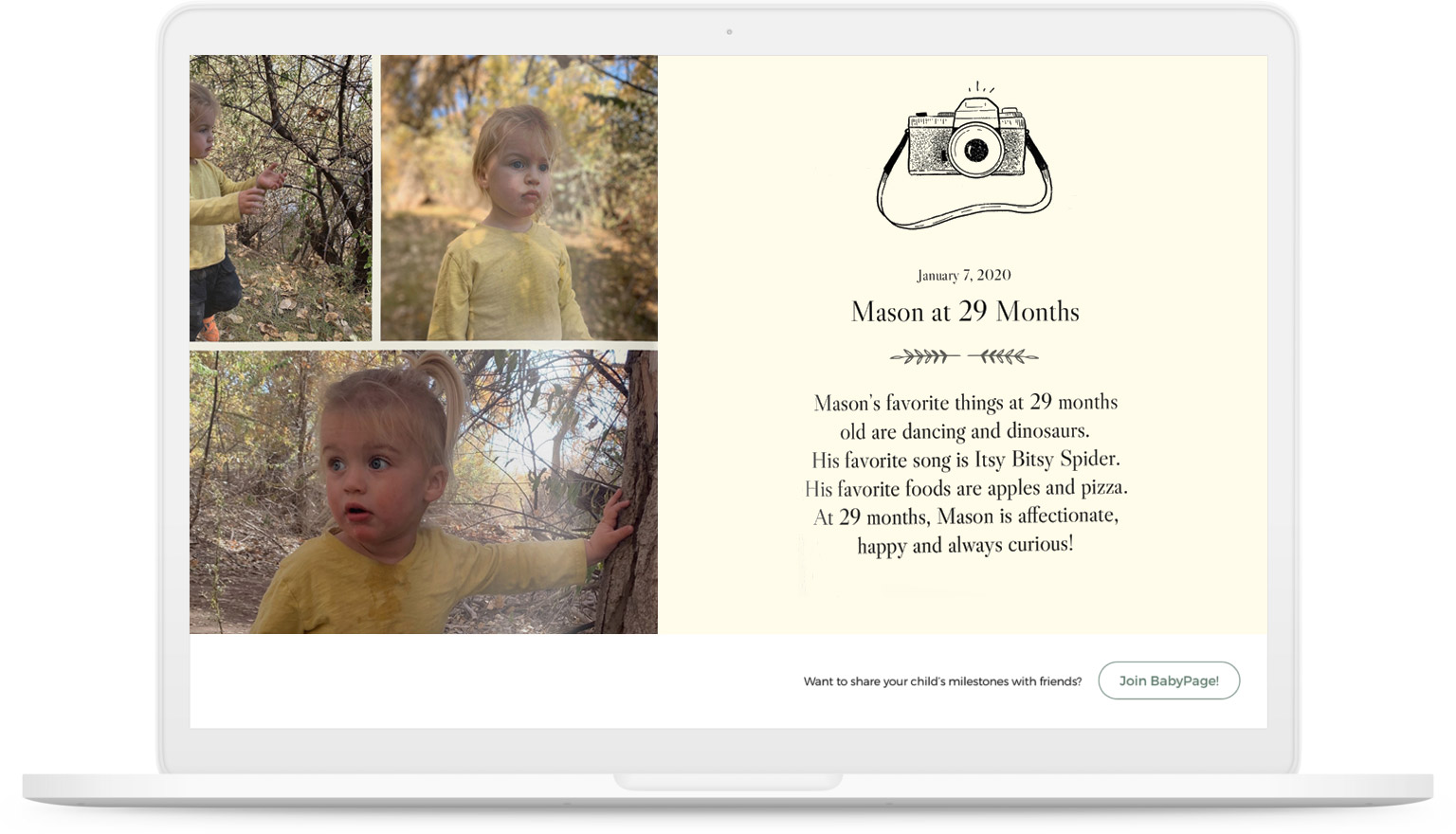 Mason's 29 month babypage on the web app